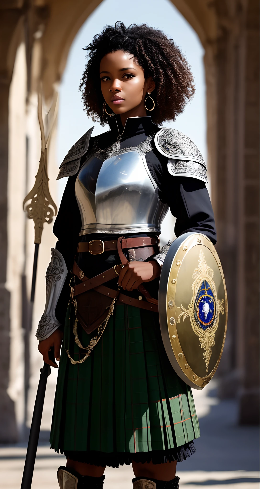 a black female soldier of 16 years, short curly black hair, black leather medieval armor, black color, kilt, spear and shield held in hands, intricately ornate, daylight, resplendent, late afternoon, epic light, fantasy, looking at the camera, model pose -curly hair, curly hair, defined curls, beautiful curls