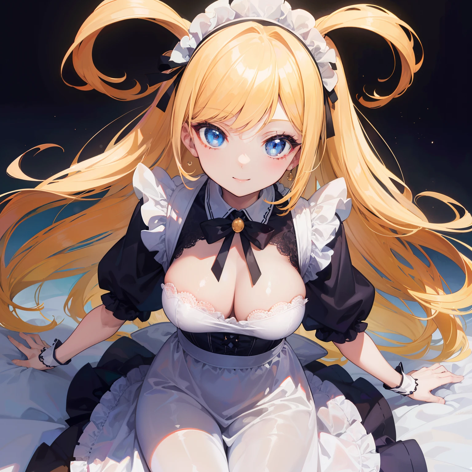 18 year old beautiful girl, Big eyes, Large breasts, Petite and slender, 8K, of the highest quality, (Highly detailed head: 1.0), (Very detailed face: 1.0), (very detail hair: 1.0), maid clothes, high detailed official artwork, anime moe art style, clean detailed anime art, Smile, Golden hair, Smooth long hair