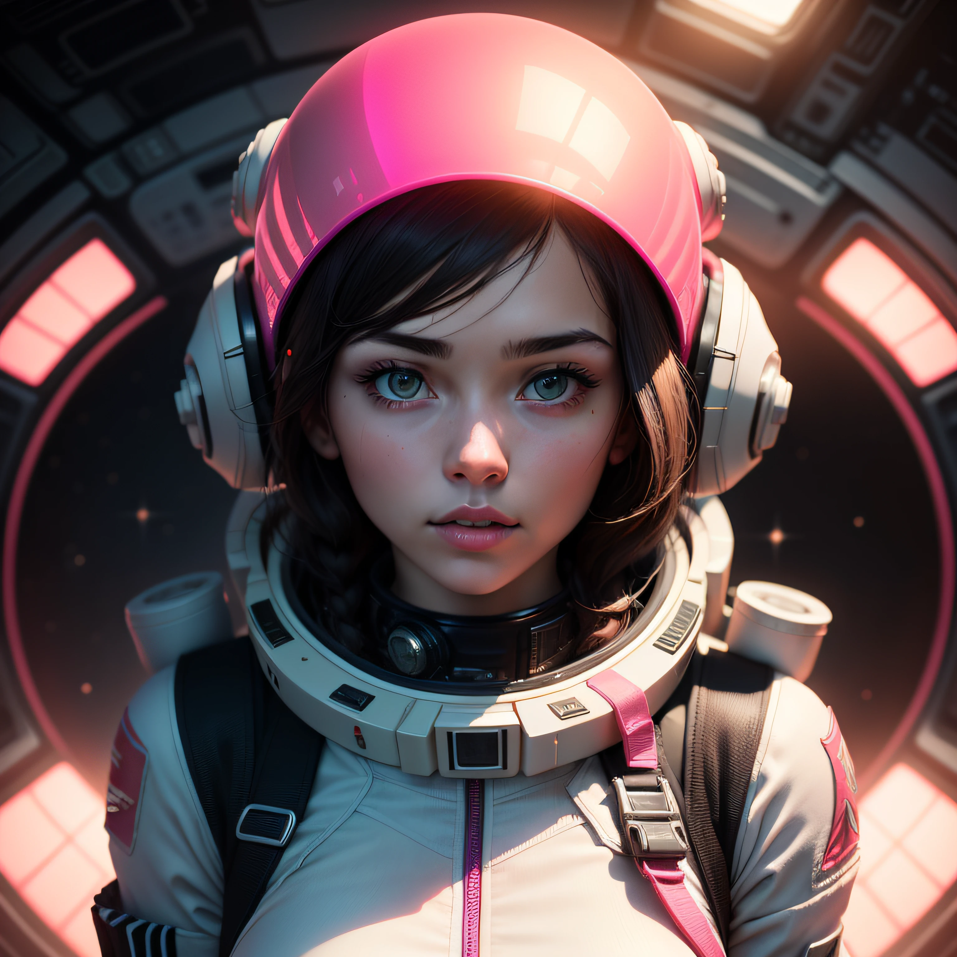 "(Highest image quality), (incredibly detailed), (photo-realistic:1.1) 1girl, depicting a female space marine cadet, skin tight skimpy space suit, white and pink space suit, glowing pink neon, erotic, seductive, sleek futuristic helmet, beautiful face, space, universe, strange planet."