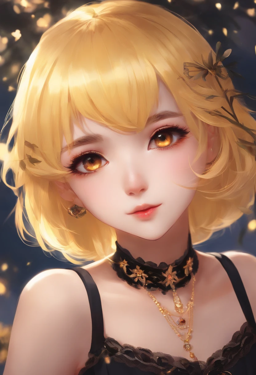 1 girl, short yellow hair, black eyes, anime face, loli dress