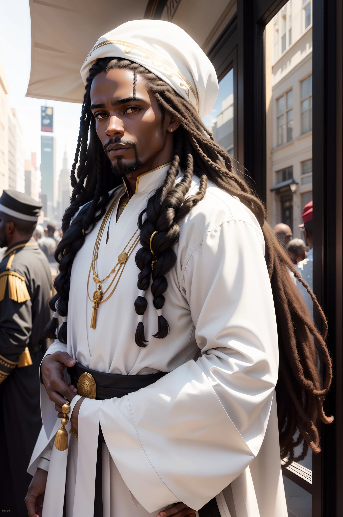 black man jesus christ black with a very strong divine light on his head long hair rasta fary honey brown eyes in white traditional clothes of the time quality 4k hd super realistic cinematic portrait in a city in today's times 2023 a poster with the words ,,the world it will never be the same... with its black and white apostles around it