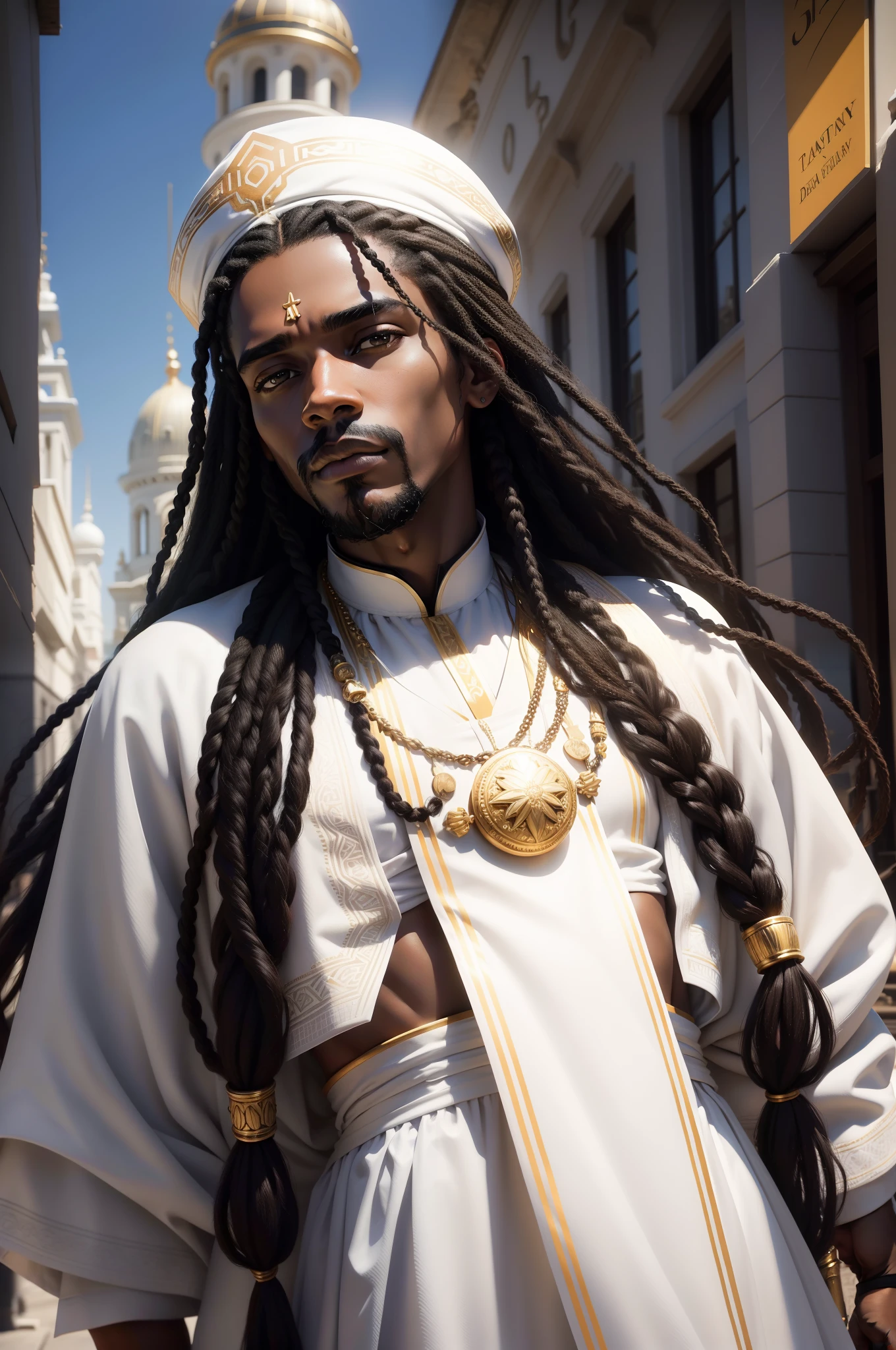 black man  jesus christ black with a very strong divine light on his head long hair rasta fary honey brown eyes in white traditional clothes of the time quality 4k hd super realistic cinematic portrait in a city in today's times 2023 a poster with the words ,,the world it will never be the same... with its black and white apostles around it