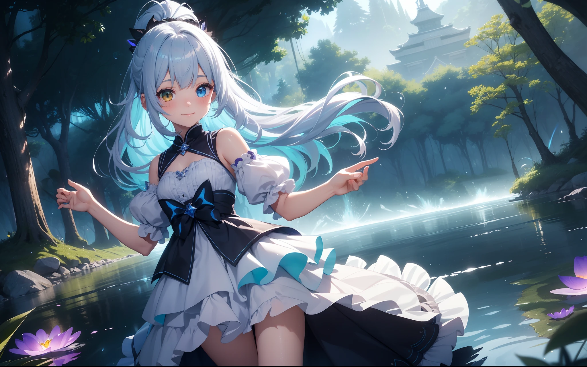 top-quality、Photorealsitic、The ultra-detailliert、Delicate、orderly、High Details、bluish-silver ponytail、(Drooping heterochromia iris:1.3)、Gamine、10yaers old、embarrassed from、A smile、A slender、cowboy shot、blured background、(1 girl in:1.1)、GameCG、dynamic ungle、(Bioluminescent hair、radiant eyes:1.3)、Ambient Occlusion、ambient lights、ray trace reflection、Glow、glowing aura、Radiant hair、autumnal、lycoris、Dancing petals、mont、lake、Licorice reflected on the surface of the lake、