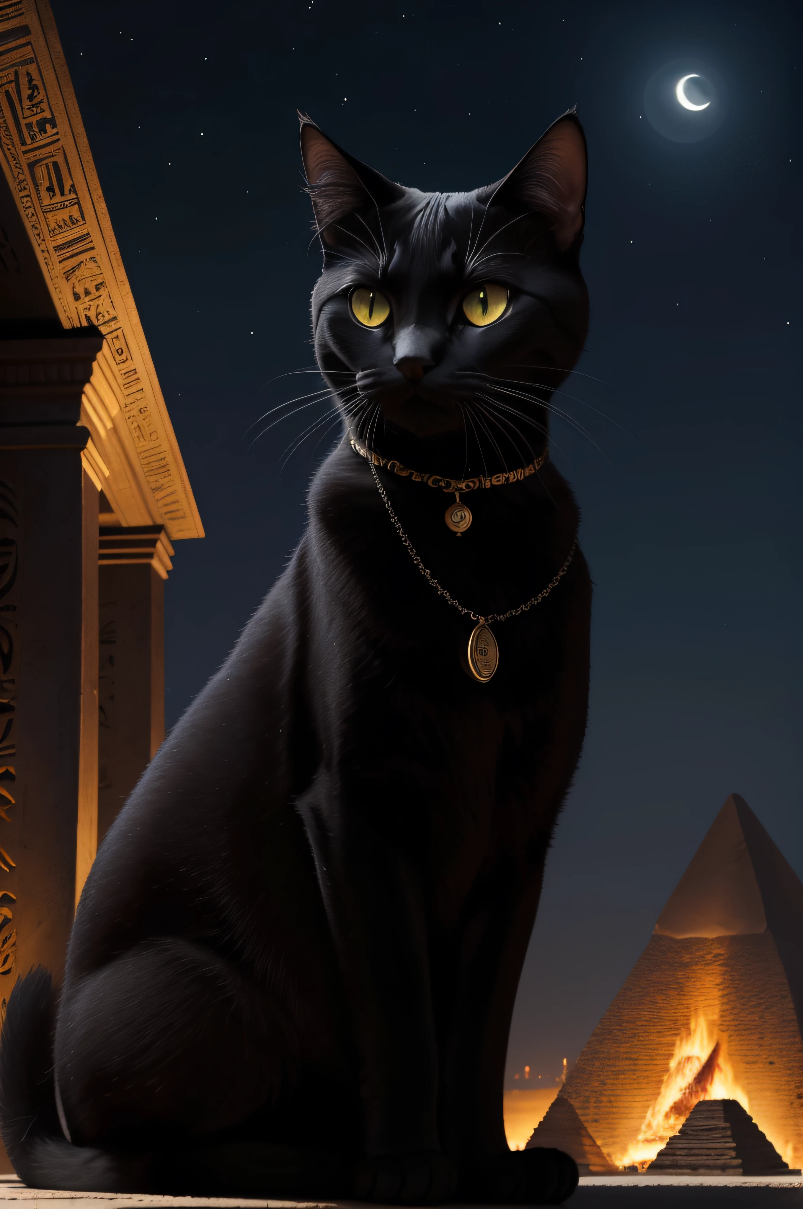 (Detailed description), (ultra Realista), (cinemactic) All black cat with Egyptian necklace, short hair, olhos verdes grandes, Sentado, olhando de frente ao espectador, inside an Egyptian pyramid, night, Night sky, Moon light, fire lights, reflexo nos olhos, arte vista de frente, gato no centro do enquadramento, gato ocupando 20% da arte