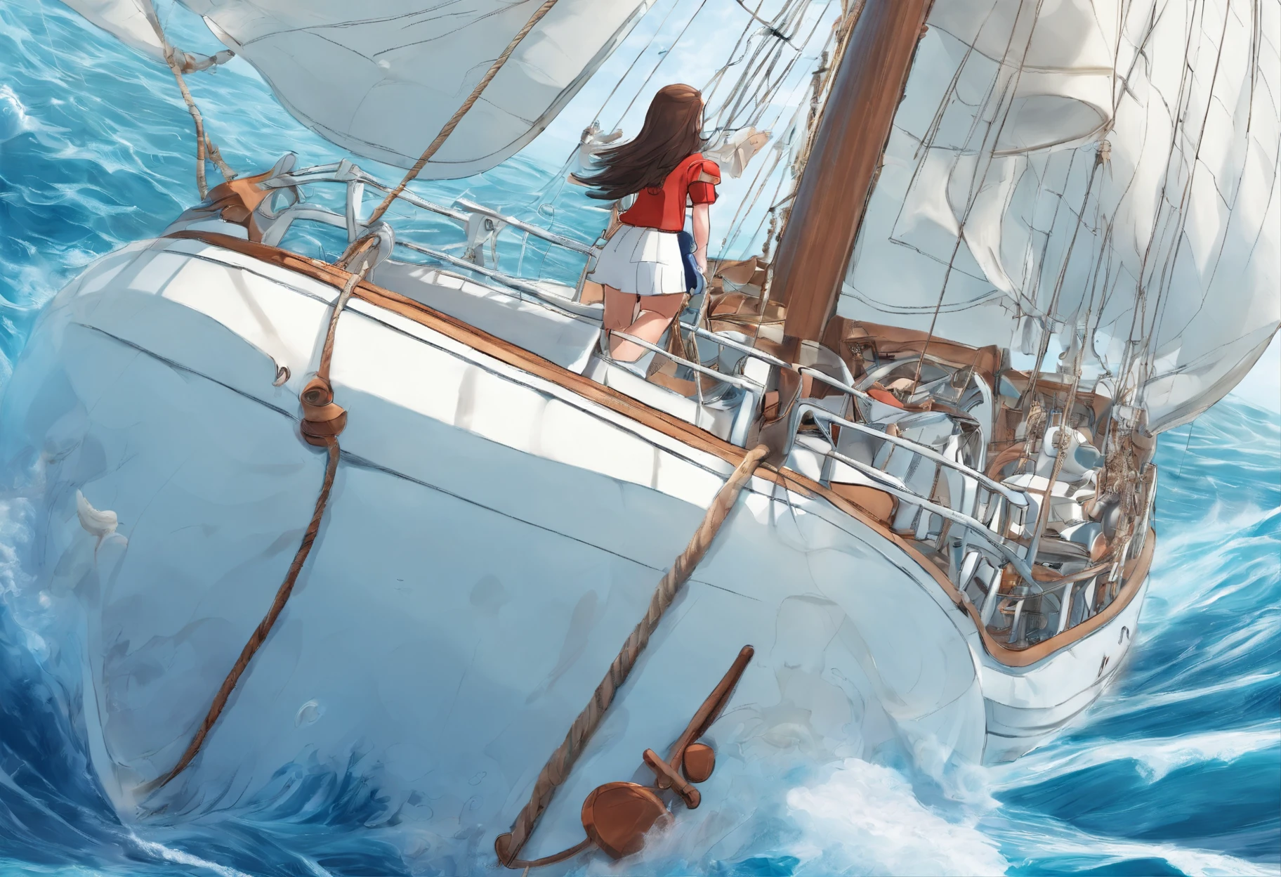 Woman looking at Caravelle's large boat from a distance、FULL BODYSHOT、from the rear、boat:0.8,femele:0.1