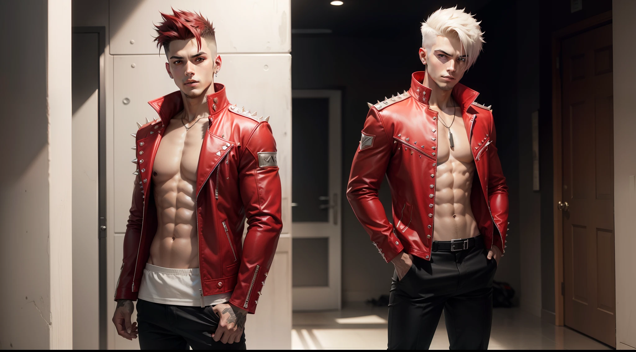 FelixGameVibeKingofBass with short spiky hair show full body standing wearing red jacket without shirt