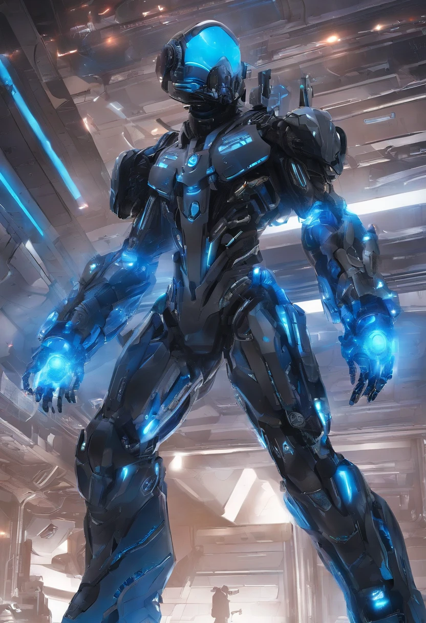 full body plane, ((a futuristic-looking blue chrome cyborg man)) with a fantastic ((square cyberhelmet head with blue lights)), dressed in a (((black and blue techwear))), humanoid robot, ((Iron gray tactical gloves)), UHD, anatomically correct, best quality, masterpiece