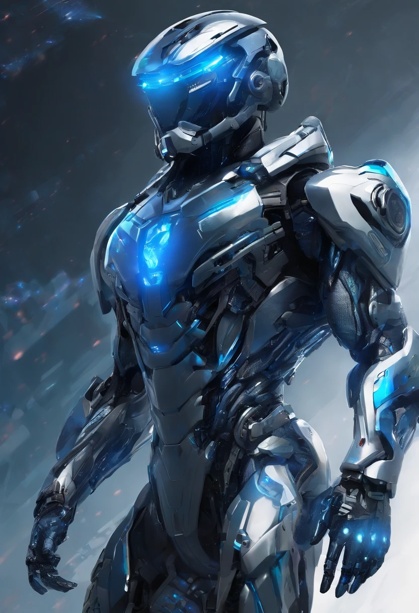 full body plane, ((a futuristic-looking blue chrome cyborg man)) with a fantastic ((square cyberhelmet head with blue lights)), dressed in a (((black and blue techwear))), humanoid robot, ((Iron gray tactical gloves)), UHD, anatomically correct, best quality, masterpiece