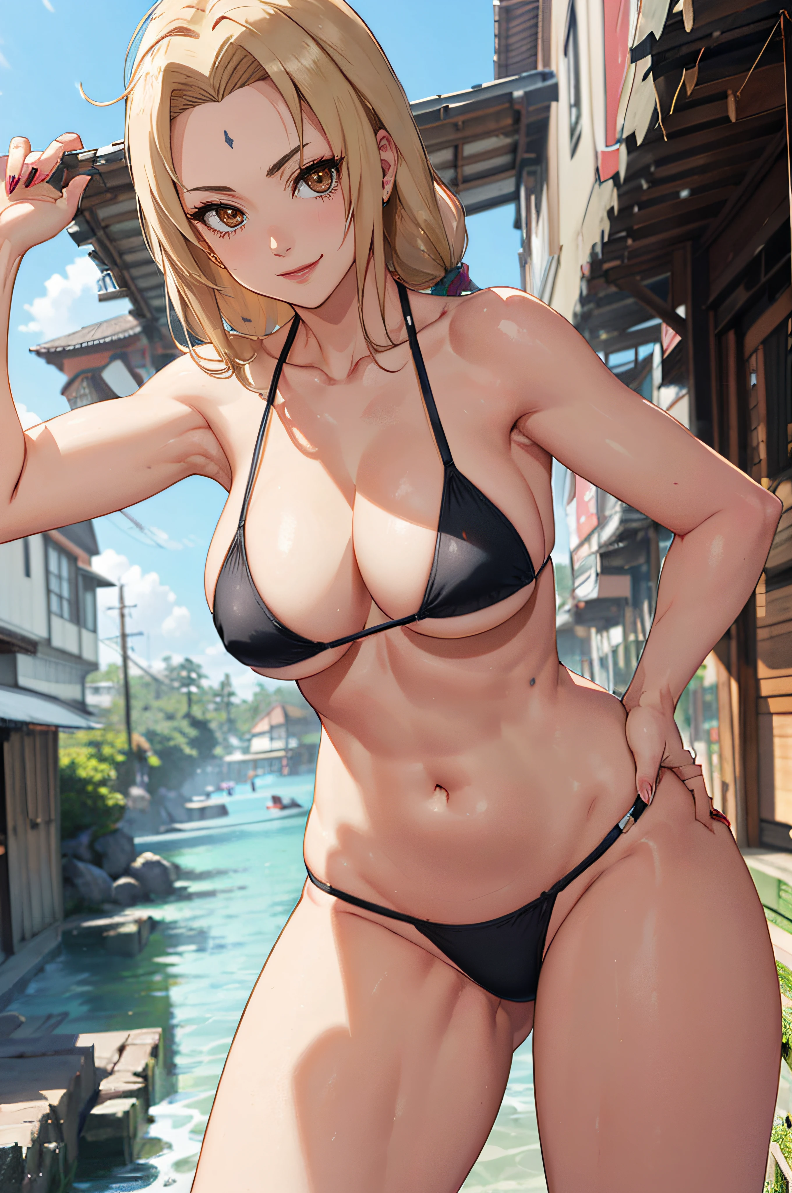 T5UN4D3, Marcas,Tsunade, (( micro bikini, sexy,))(((posando para a foto))(((modelo profissional)))、8k, 1girl em, solo,clivagem da mama,(obra prima:1.4),(Qualidade de imagem superior:1.4),(Pele brilhante),Tsunade_senju、um sorriso、Coxas grandes、bunda grande,