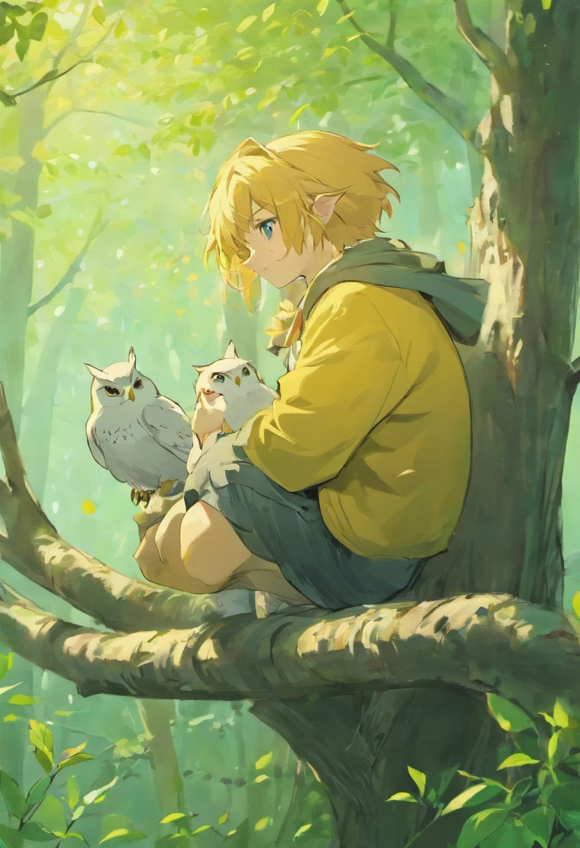 The wise old owl, Oliver, perched on a sturdy branch, with a calm and thoughtful expression.