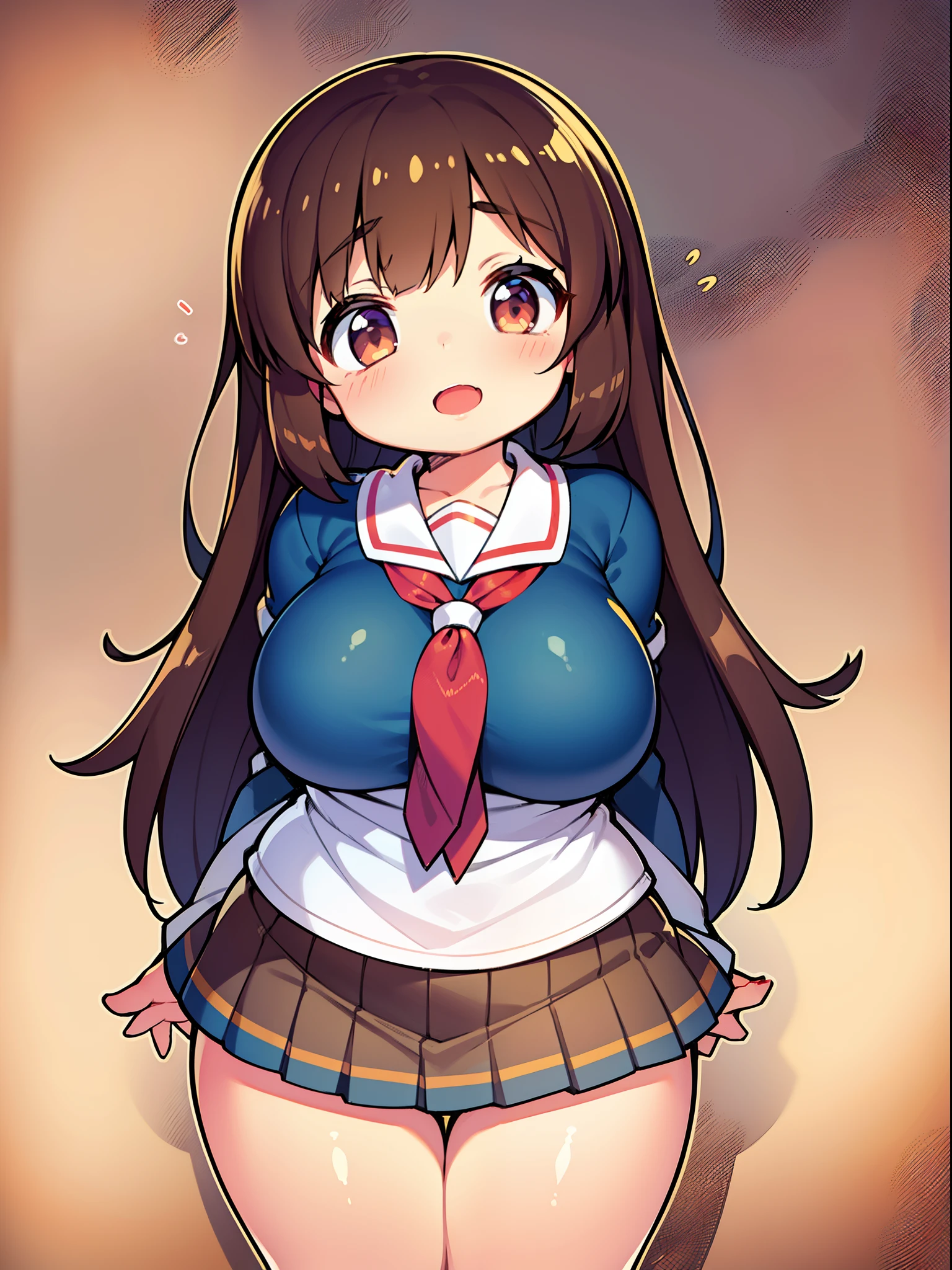 Brown_long_hair, 1girl, hair_over_one_eye, blush_on_cheeks, nipple outlines, excited, embarased, ashamed, shy, turned_on, black_choker, red_shoulder-length_shirt, open_shoulders, open_breasts, tiny_blue_skirt, perfect_quality, perfect_high_resolution, massive_sexy_breasts, sexy_young_girl, best noise removal, groin exposed, looking down confused, apreola peek, big belly