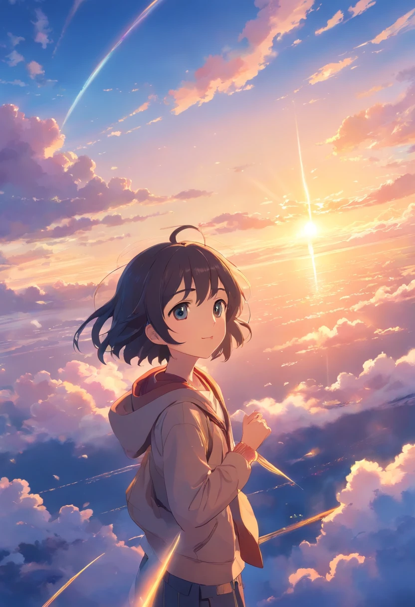 ​masterpiece、top-quality、Movie stills、1girl、Cloud Girl、floating in sky、a closeup、发光、happiness、Warm soft lighting、the setting sun、(Spark:0.7) male child