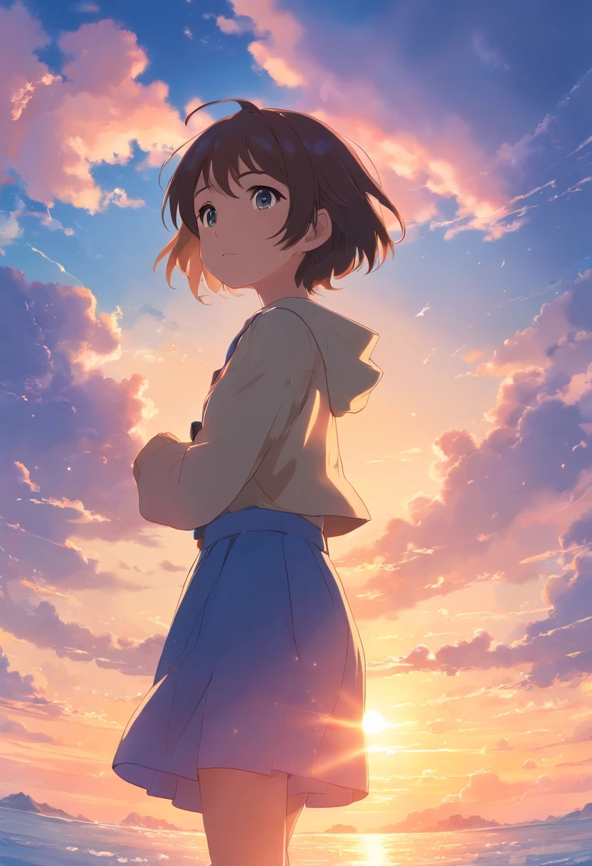 masterpiece、top-quality、Movie stills、1girl、Cloud Girl、floating in sky、a closeup、发光、happiness、Warm soft lighting、the setting sun、(Spark:0.7) male child