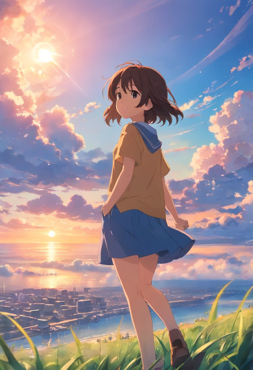 masterpiece、top-quality、Movie stills、1girl、Cloud Girl、floating in sky、a closeup、发光、happiness、Warm soft lighting、the setting sun、(Spark:0.7) male child