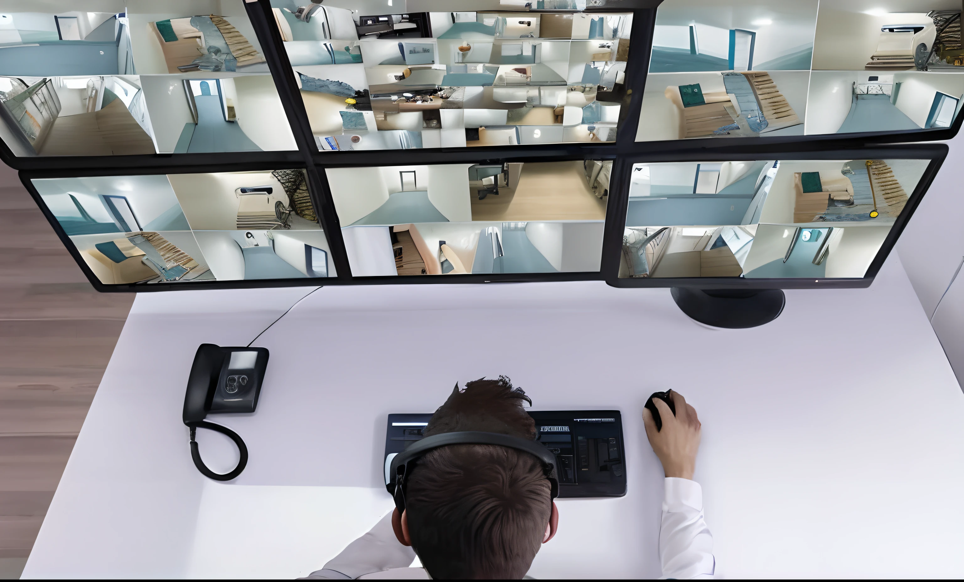 Arafed view of a man using a computer with multiple screens, security cam footage, security footage, cctv camera footage, security cam footage, Imagens de CFTV, surveillance footage, security cam video, monitor, surveillance, security camera, muitas telas, sentado em um centro de controle, High angle security camera feed, olhando para o monitor, Security camera, caught by security camera