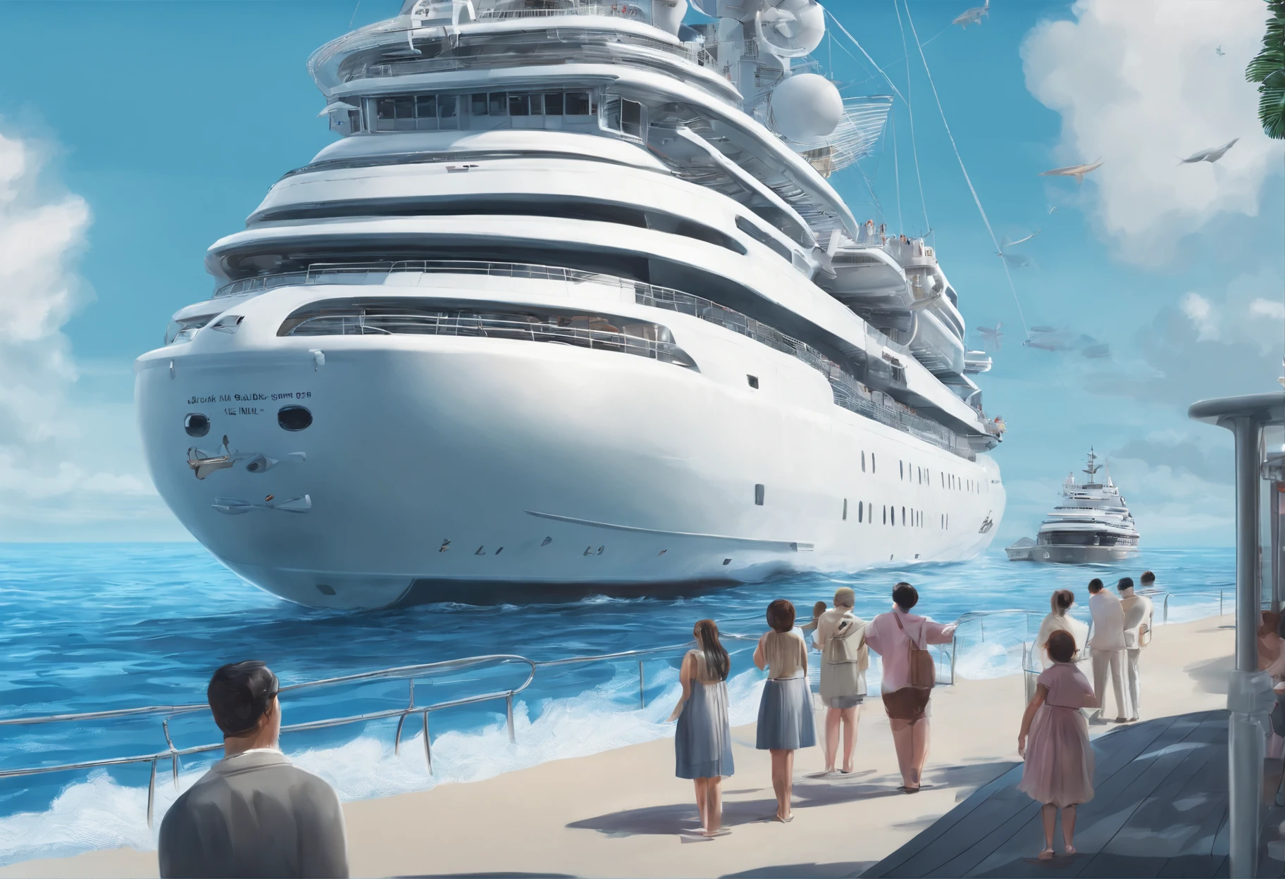 Woman looking at Caravelle's large boat from a distance、FULL BODYSHOT、from the rear、boat:0.8,femele:0.1