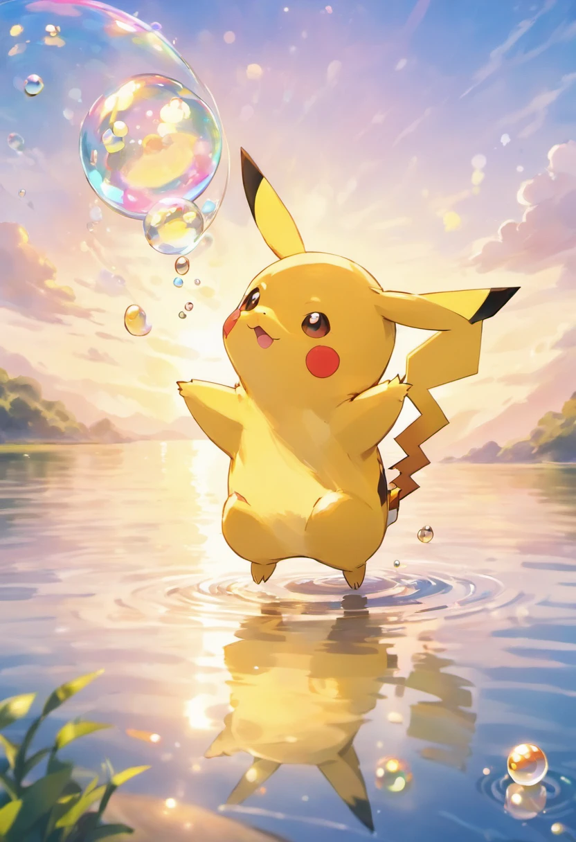 An inspiring scene in ultra-high definition 3D showing Pikachu making a wish on the shore of a tranquil lake. Pikachu, Beautifully rendered down to the smallest detail, Bubbles are seen gently blowing into the air, Each has a hopeful wish. Bubbles capture the reflection of the setting sun, Dreamy creation, magical effect. The overall atmosphere is soft, Full of hope and tranquility