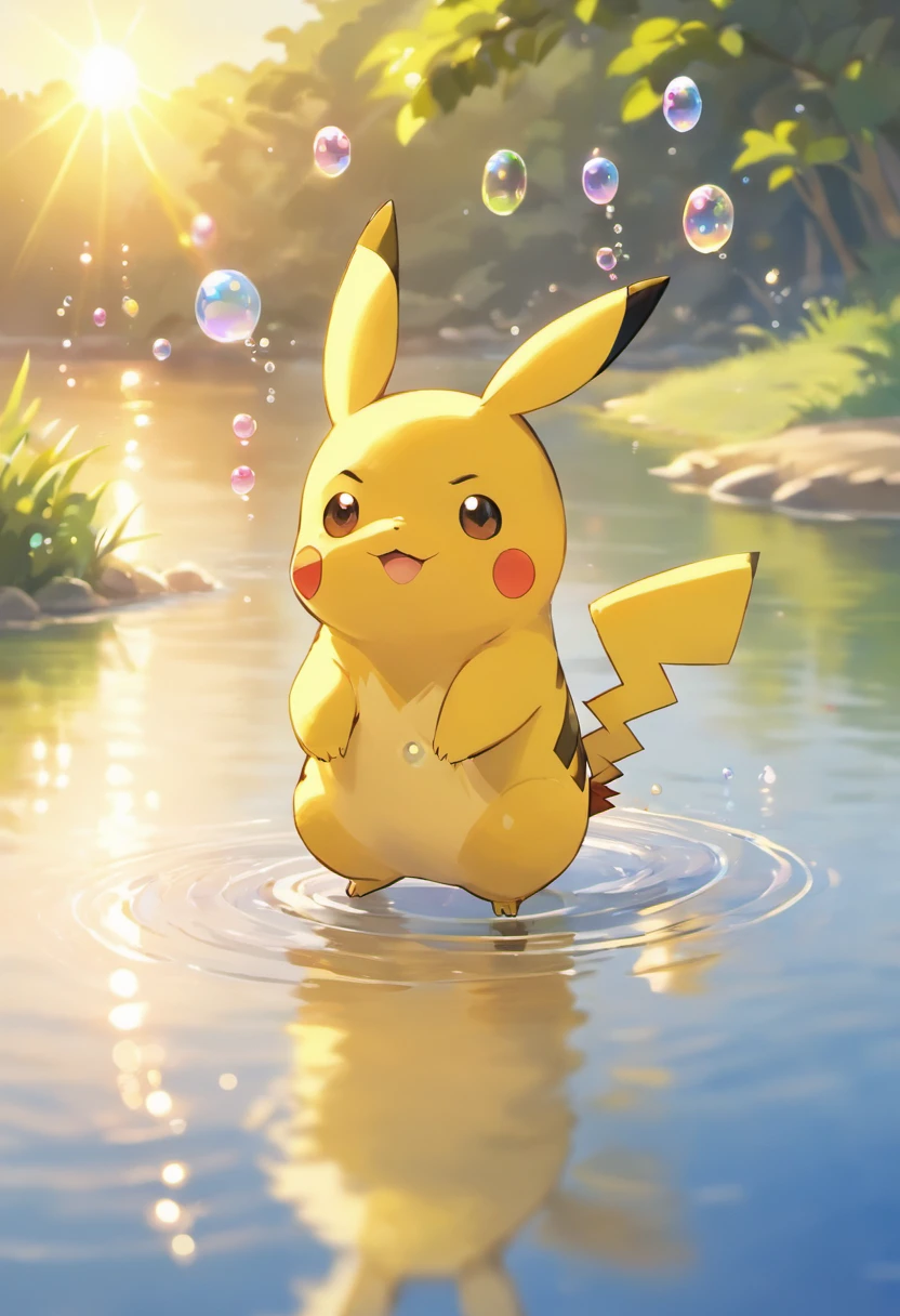 An inspiring scene in ultra-high definition 3D showing Pikachu making a wish on the shore of a tranquil lake. Pikachu, Beautifully rendered down to the smallest detail, Bubbles are seen gently blowing into the air, Each has a hopeful wish. Bubbles capture the reflection of the setting sun, Dreamy creation, magical effect. The overall atmosphere is soft, Full of hope and tranquility