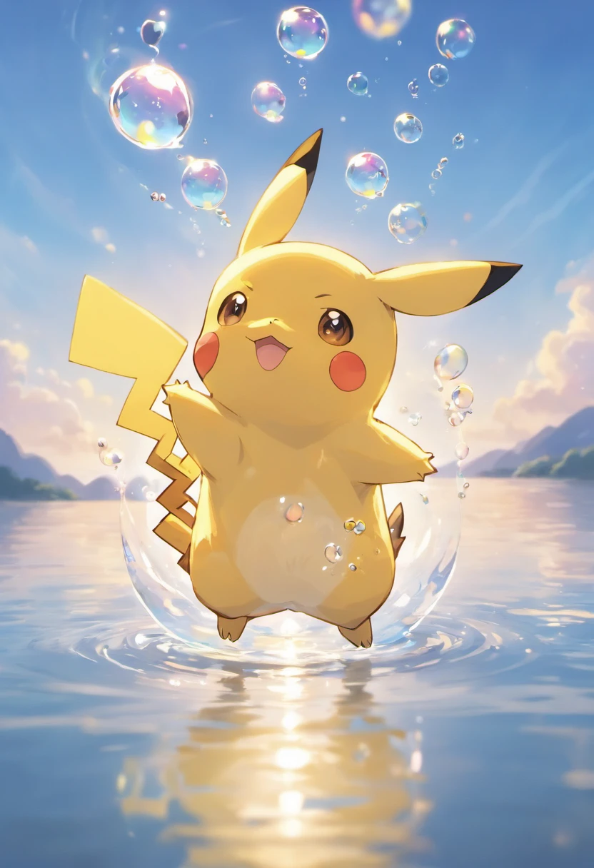 A touching scene in ultra-high-definition 3D, Showing, how Pikachu makes a wish at a calm lake. Pikachu, Beautifully drawn in detail, apparently, how it gently blows bubbles into the air, Each of them carries a hopeful desire. Bubbles catch the reflection of the setting sun, Creating a dreamy, Magic effect. The overall atmosphere is gentle, filled with hope and serenity