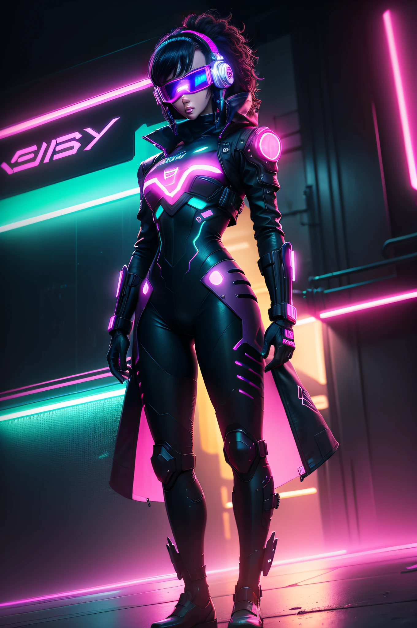 mascara full gear, headfone neon, brilhante detalhado, estilo daftpunk