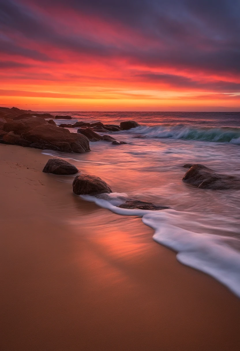 Beach at sunset, desfocada, com o sol com tons vermelhos, and clouds scattered across the sky. It needs to bring a sense of peace and serenity