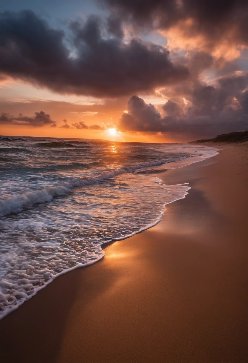 Beach at sunset, desfocada, com o sol com tons vermelhos, and clouds scattered across the sky. It needs to bring a sense of peace and serenity