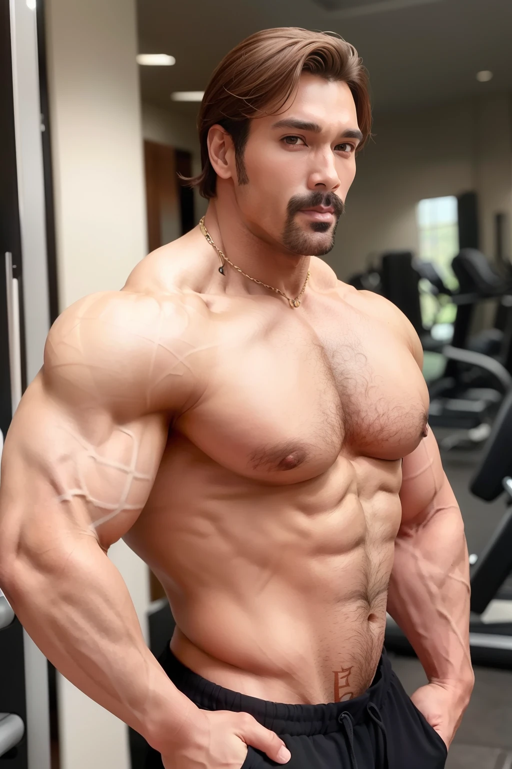 solo, olhando para o espectador, cabelo curto e detalhado, Mantenha a boca fechada, corpo todo, only from sunga , Foco Masculino,,musculoso, background a gym, Tampo tanque preto, chest muscle, macho musculoso grande,corpo peludo, bala, Pecs grandes, macho maduro, Realista