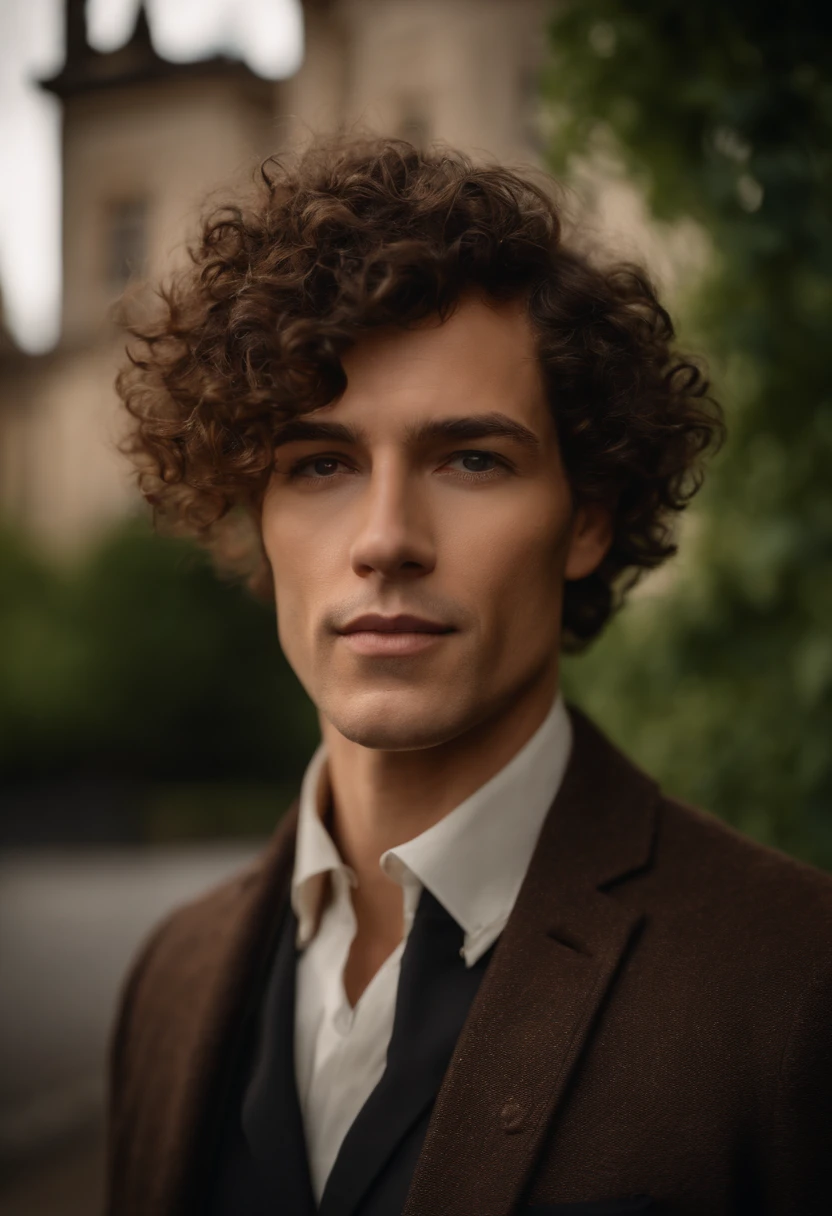 corps entier, wide-angle photo close-up portrait of the body of a handsome man , Grand et en forme, (40 ans:1.1), (shaven:1.2) , (very short curly brown hair:1.5),(very short hair:1.6). Dark brown tight velvet suit, (La veste a des motifs de fleurs noires:1.2). (posing outside the mansion with a luxury car:1.1), crowded street with cafes in the distance, Cold and dark sunset at dusk, (Edge Light:1.1),(Concentrez-vous sur les yeux), (angry look), (hard light on the skin:1.2), (ombres dures, dark themed, Contraste profond:1.1), (photographie de portrait par Annie Liebovitz), Dark mint theme and choral aesthetics, (skin imperfections)