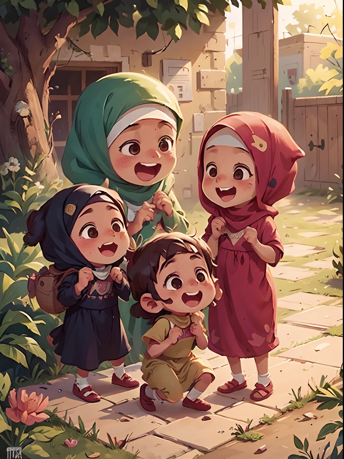 a full body of cute muslim children playing outside , laughing