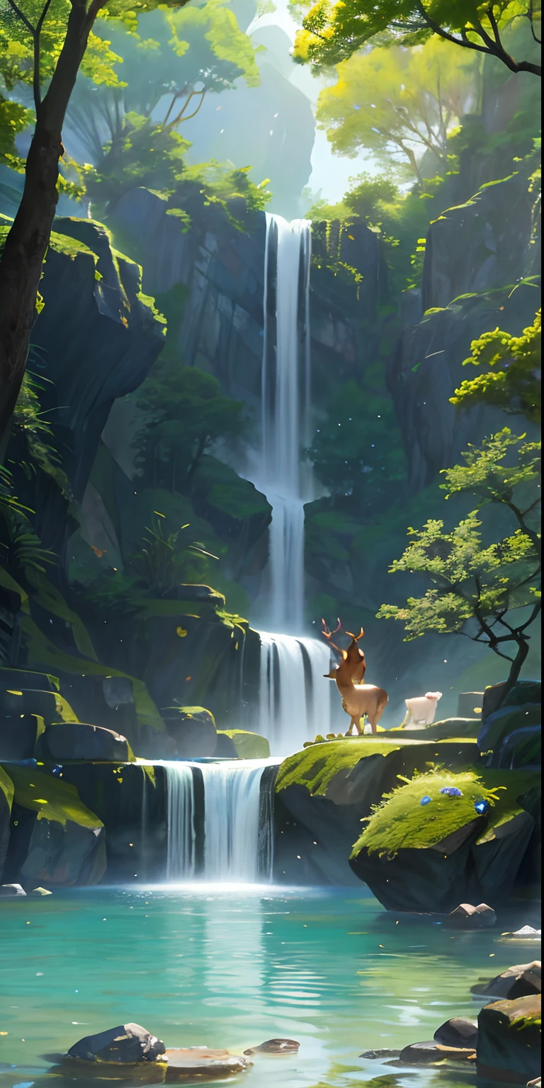 Chinese ancient times, spring, jungle, lake, cave, waterfall, tree, meadow, rock, deer, hot spring, water vapor, (illustration: 1.0), epic composition, realistic lighting, HD details, masterpiece, best quality, (very detailed CG unified 8k wallpaper), ((female water spirits bathing))