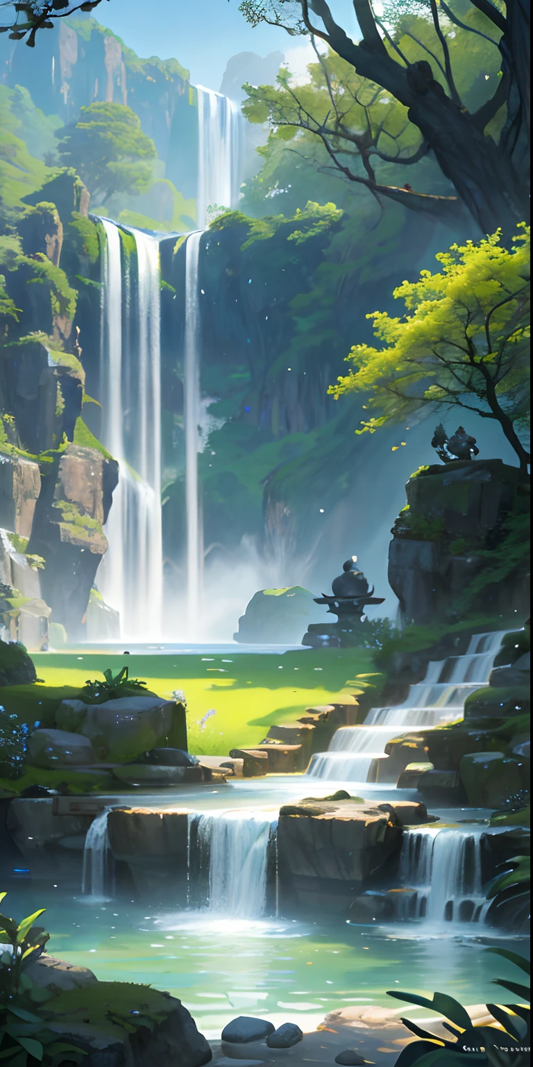 Chinese ancient times, spring, jungle, lake, cave, waterfall, tree, meadow, rock, deer, hot spring, water vapor, (illustration: 1.0), epic composition, realistic lighting, HD details, masterpiece, best quality, (very detailed CG unified 8k wallpaper), ((female water spirits bathing))