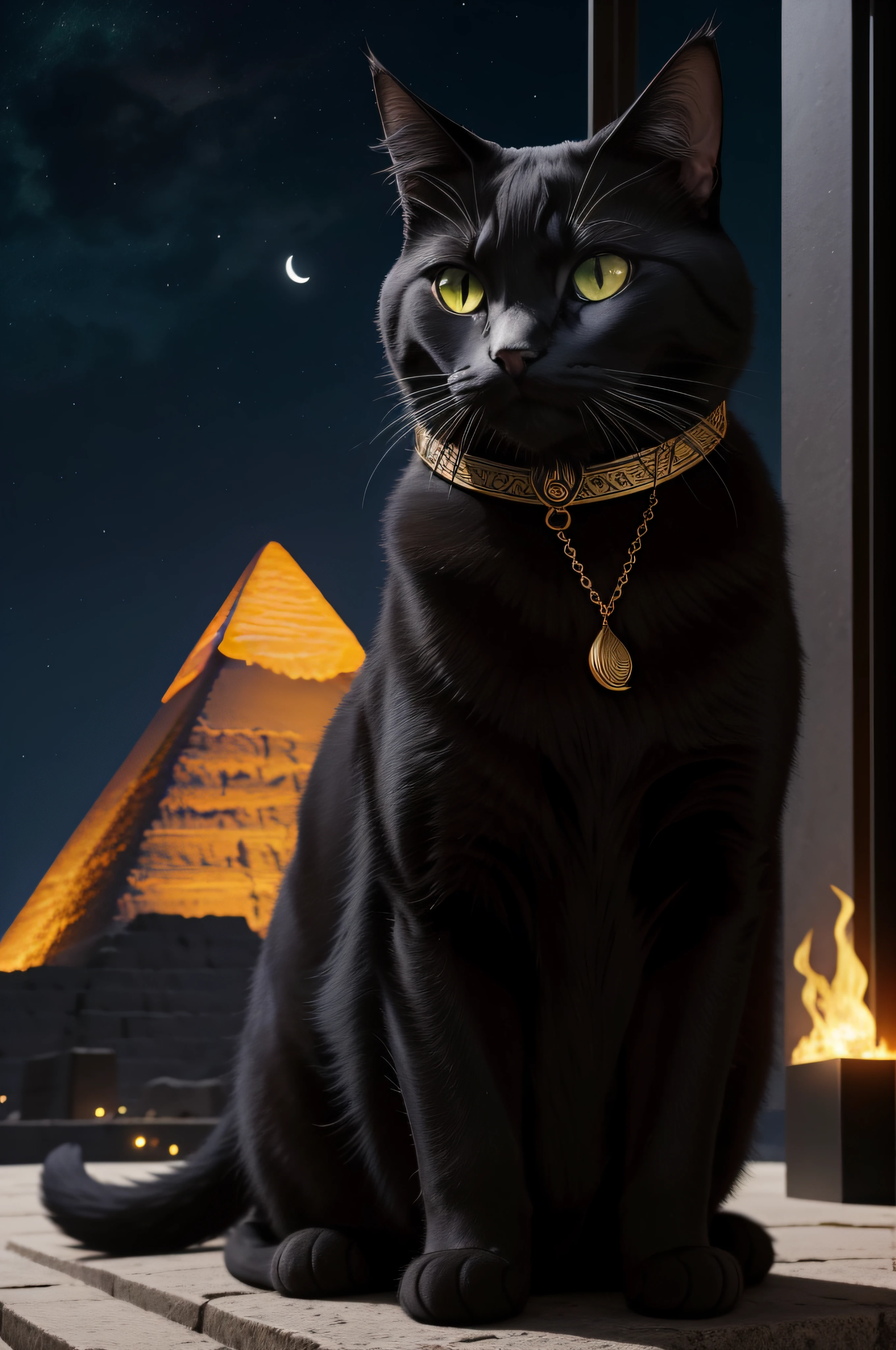 (Detailed description), (ultra Realista), (cinemactic) All black cat with necklace and Egyptian bracelet short fur, olhos verdes grandes, Sentado, olhando de frente ao espectador, inside an Egyptian pyramid, night, Night sky, Moon light, fire lights, reflexo nos olhos, arte vista de frente, gato no centro do enquadramento, gato ocupando 20% da arte