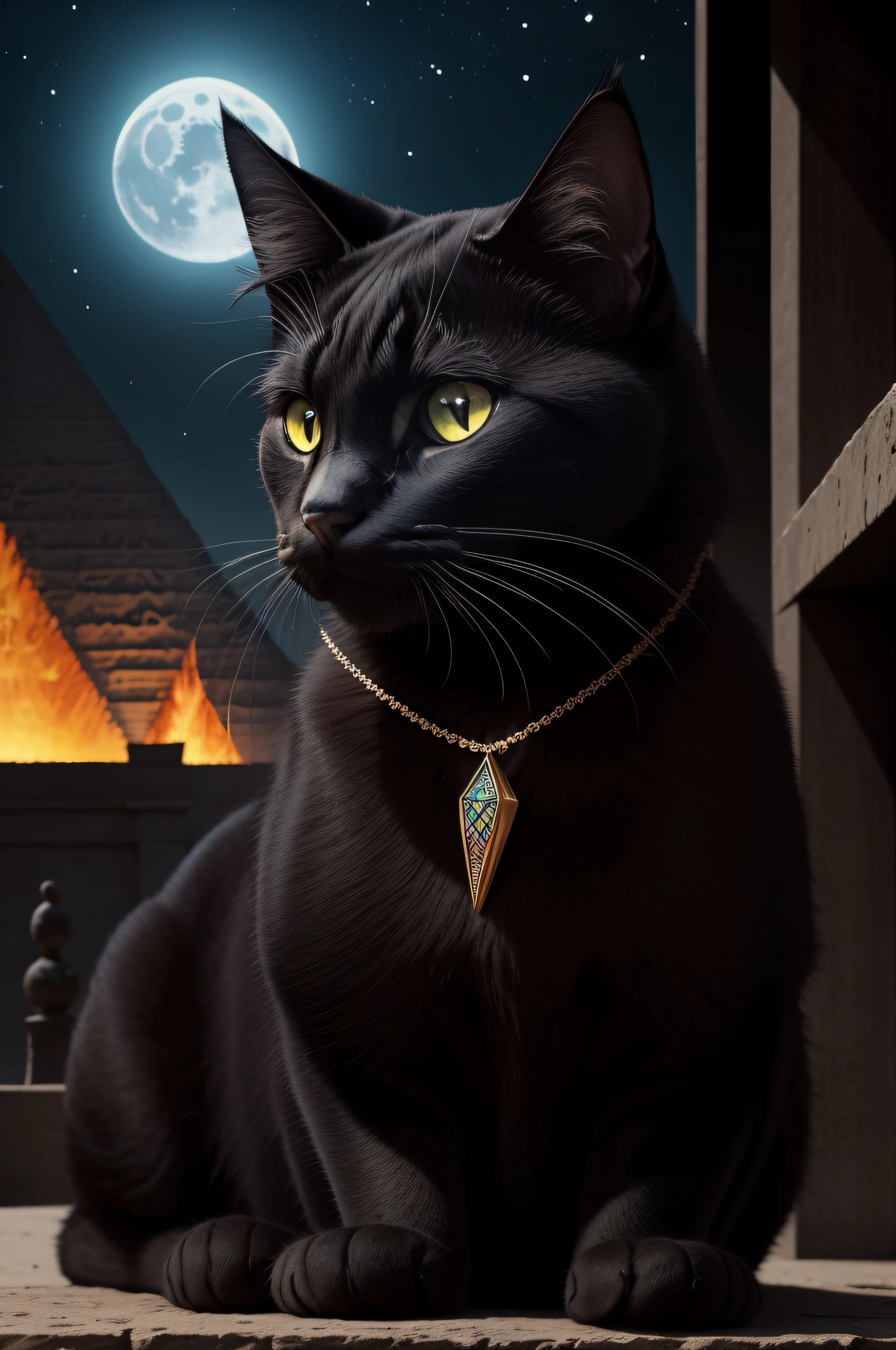 (Detailed description), (ultra Realista), (cinemactic) All black cat with necklace and Egyptian bracelet short fur, olhos verdes grandes, Sentado, olhando de frente ao espectador, inside an Egyptian pyramid, night, Night sky, Moon light, fire lights, reflexo nos olhos, arte vista de frente, gato no centro do enquadramento, gato ocupando 20% da arte