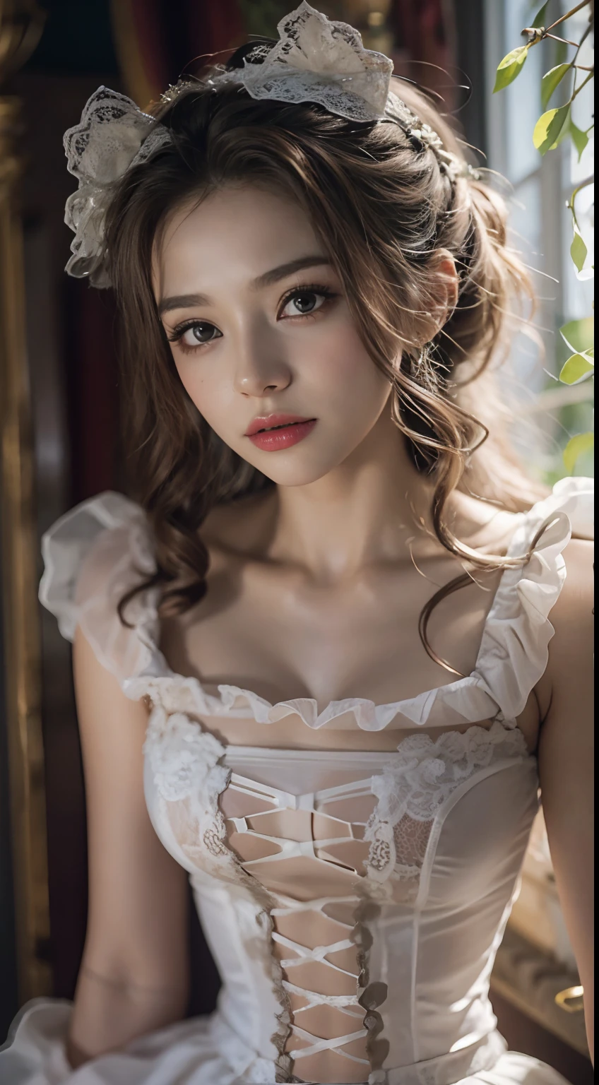 (8K, RAW photos, best qualtiy, tmasterpiece:1.2),(realisticlying, photograph realistic:1.4)
(Lolita costume),Lace, Aerith Gainsborough, The upper part of the body, undergarments,exposed bare shoulders, do lado de fora, Old castle,Brown hair, high high quality, Adobe Lightroom, highdetailskin, looking at viewert,