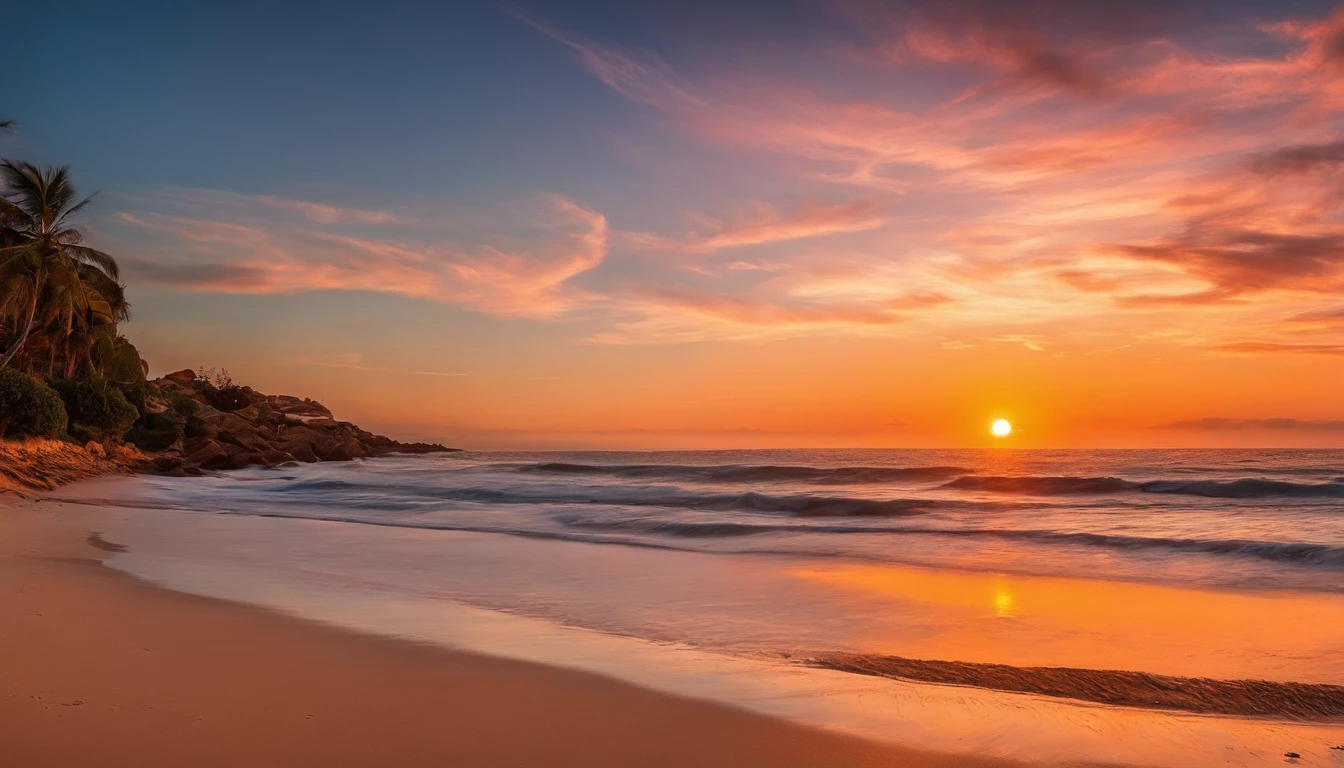 Beach at sunset, desfocada, com o sol com tons vermelhos, and clouds scattered across the sky. It needs to bring a sense of peace and serenity