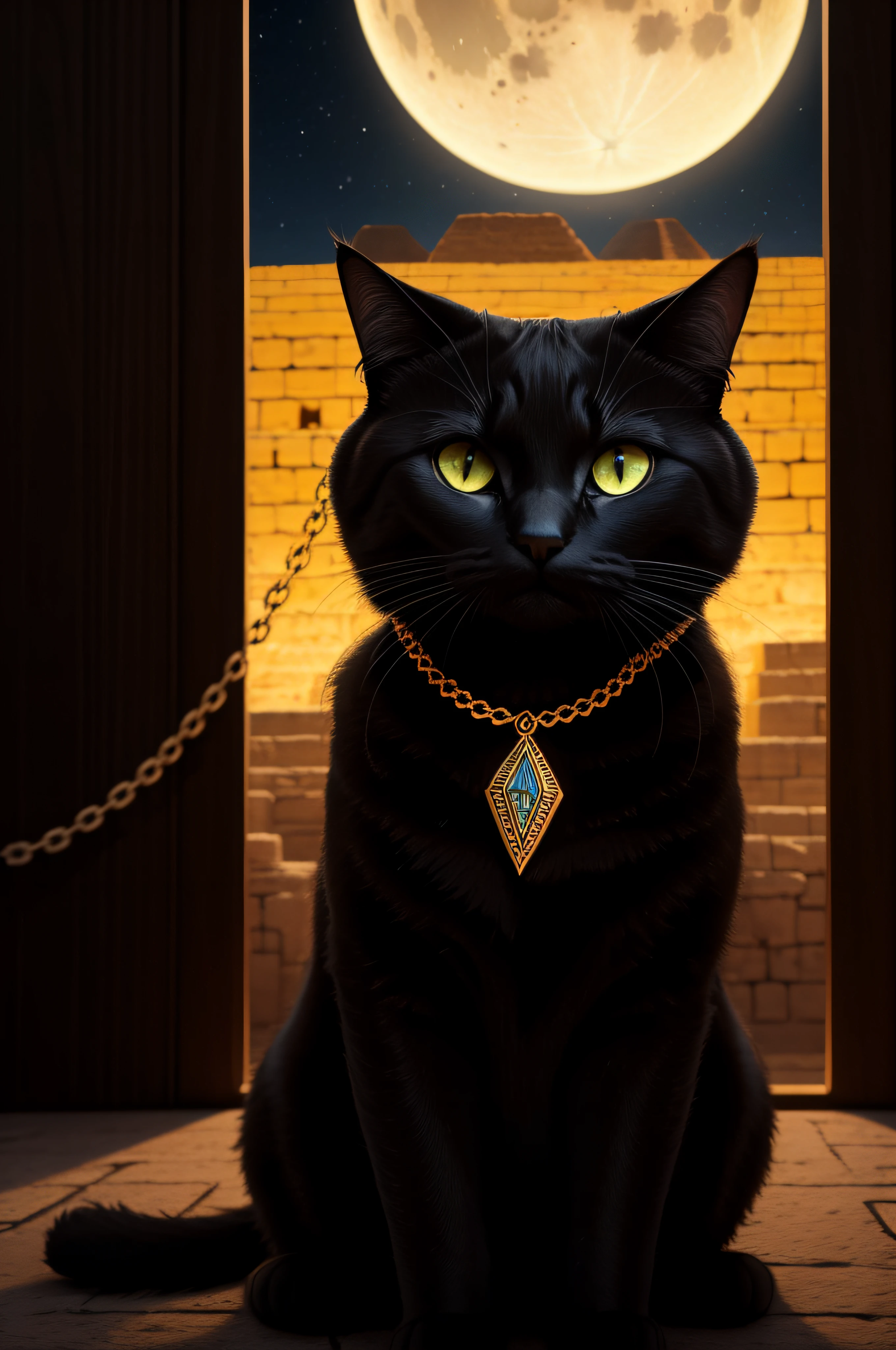 (Detailed description), (ultra Realista), (cinemactic) All black cat with necklace and Egyptian bracelet short fur, olhos verdes grandes, Sentado, olhando de frente ao espectador, inside an Egyptian pyramid, night, Night sky, Moon light, fire lights, reflexo nos olhos, arte vista de frente, gato no centro do enquadramento, gato ocupando 20% da arte