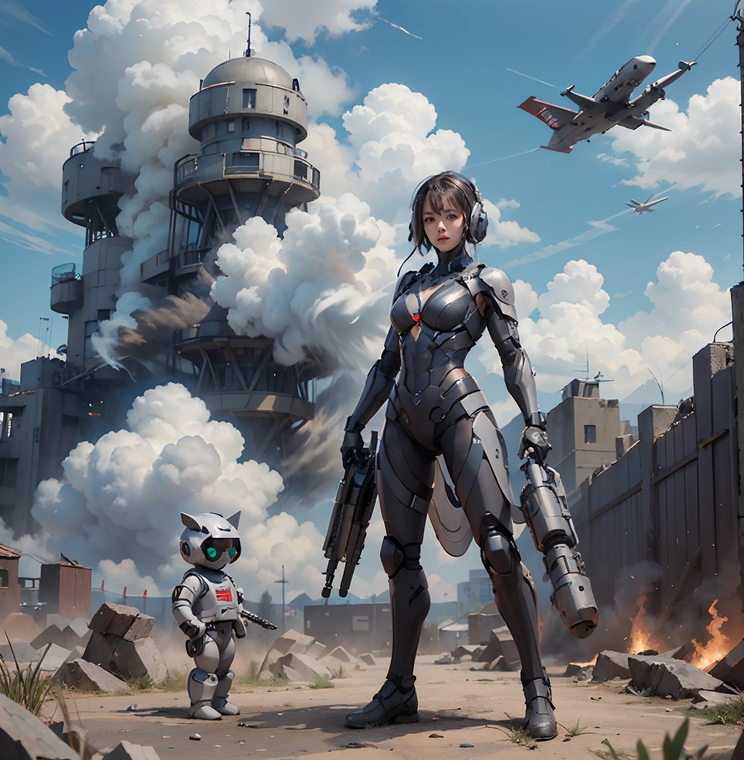 8K, best qualtiy, tmasterpiece, 超高分辨率, (真实感: 1.4),Girls send futuristic combat suits,Green pupils,Cloudy background,dark cloude,salama,Background of the air battlefield,Fallen plane,Flying anti-aircraft missiles,Exploding flames,Machine-made birds,Real women,cleavage,Real face,cute female child,ssmile,The perfect cyborg girl,Wearing sci-fi headphones, Beautiful female ,beautiful girl cyborg,silber hair,robotic hand,CG,(((Full body side shot,Standing on the ground)))