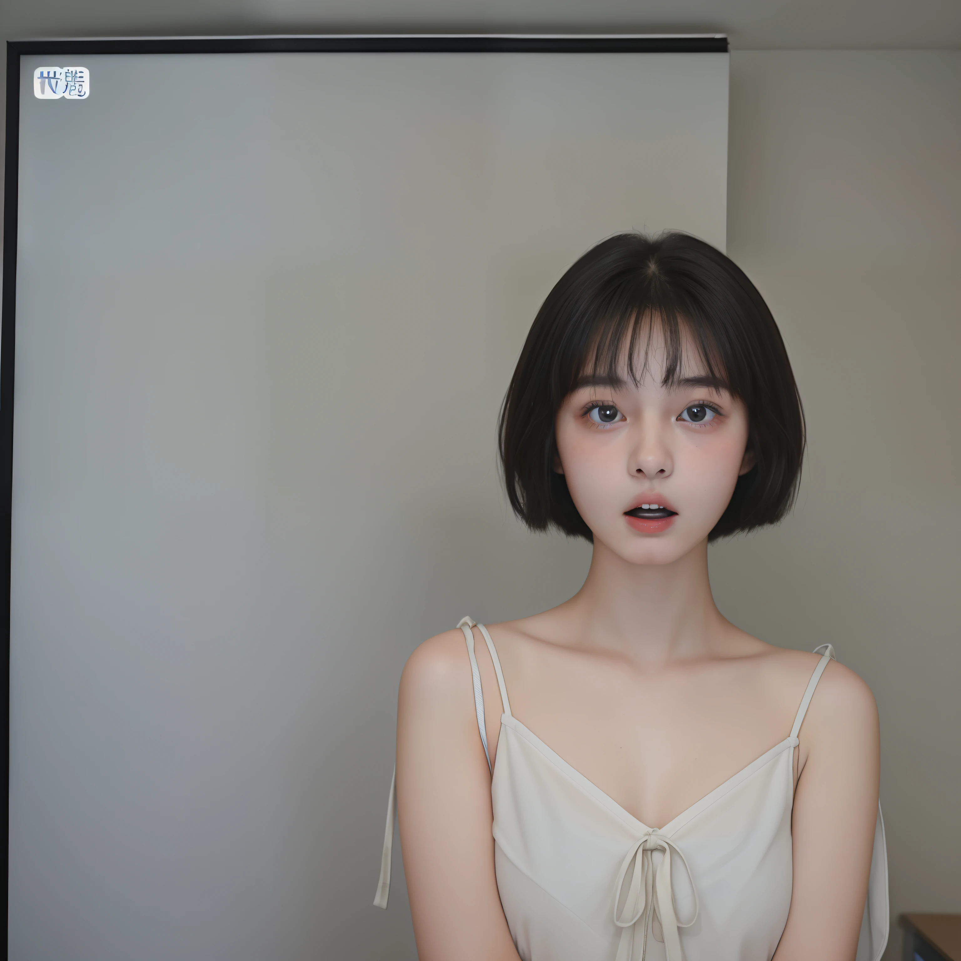 surprised expression、(a beauty girl:1.5)、15yo student、short-cut、masterpiece、HDTV、