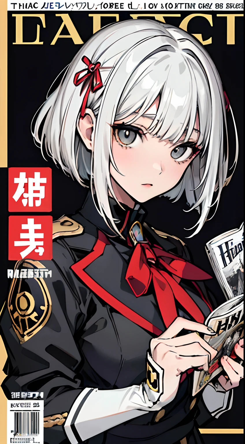 (masuter piece,Best Quality,Ultra-detailed), (A detailed face), Cyberpunk Girls, Lucy, hight resolution, ((twinsies)), 2girls, (front-facing view), White hair, (gray hair with bangs), (bob cuts), Two-tone hair, Gold Eye, Girls' School Uniforms, Red ribbons,White socks, Red-black jacket, (Beautiful Detail Eye: 1.1), (Detailed hand), (Detail light: 1.1), Film Light, Pale skin type, (looking at the viewers), (magazine:1.3), (cover-style:1.3), Textured skin, Super Detail, Tarot Boundary, border, Alfonse Mucha, Dynamic streaks, locus:1.2, Dim color scheme