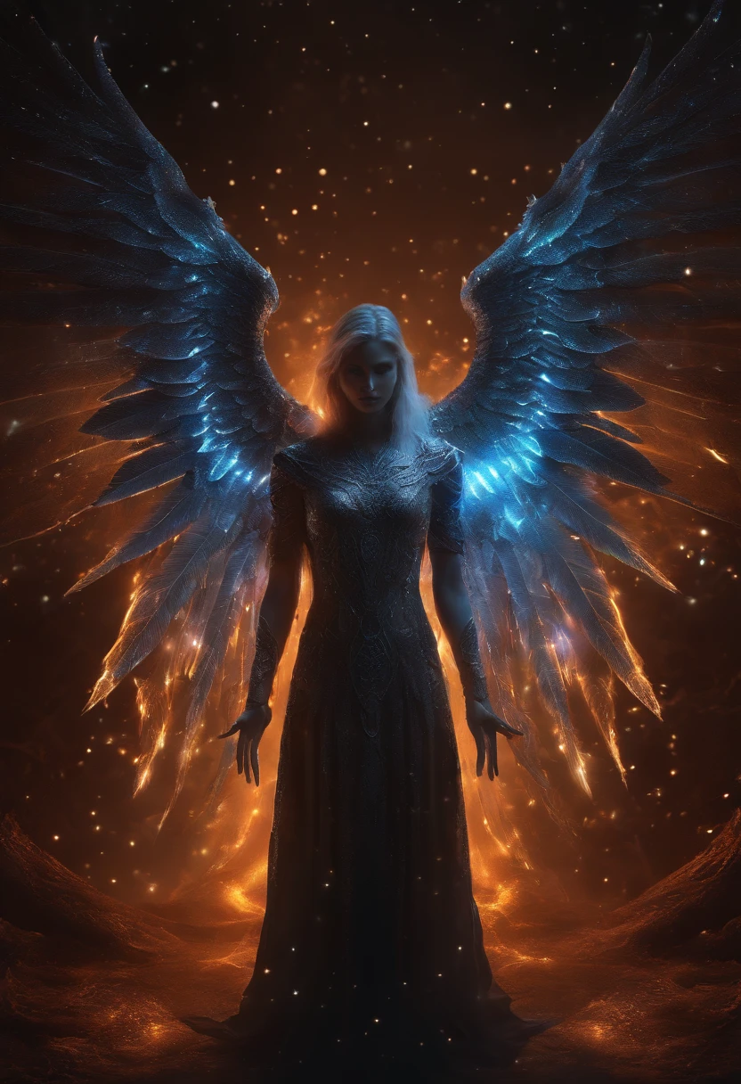 Cosmic Fallen Angel, glowing light eyes, Biomechanical, eerie, Creepy, nightmarish, Very bright colors, Light particles, with light glowing, Mshiv, wallpaper art, UHD wallpaper