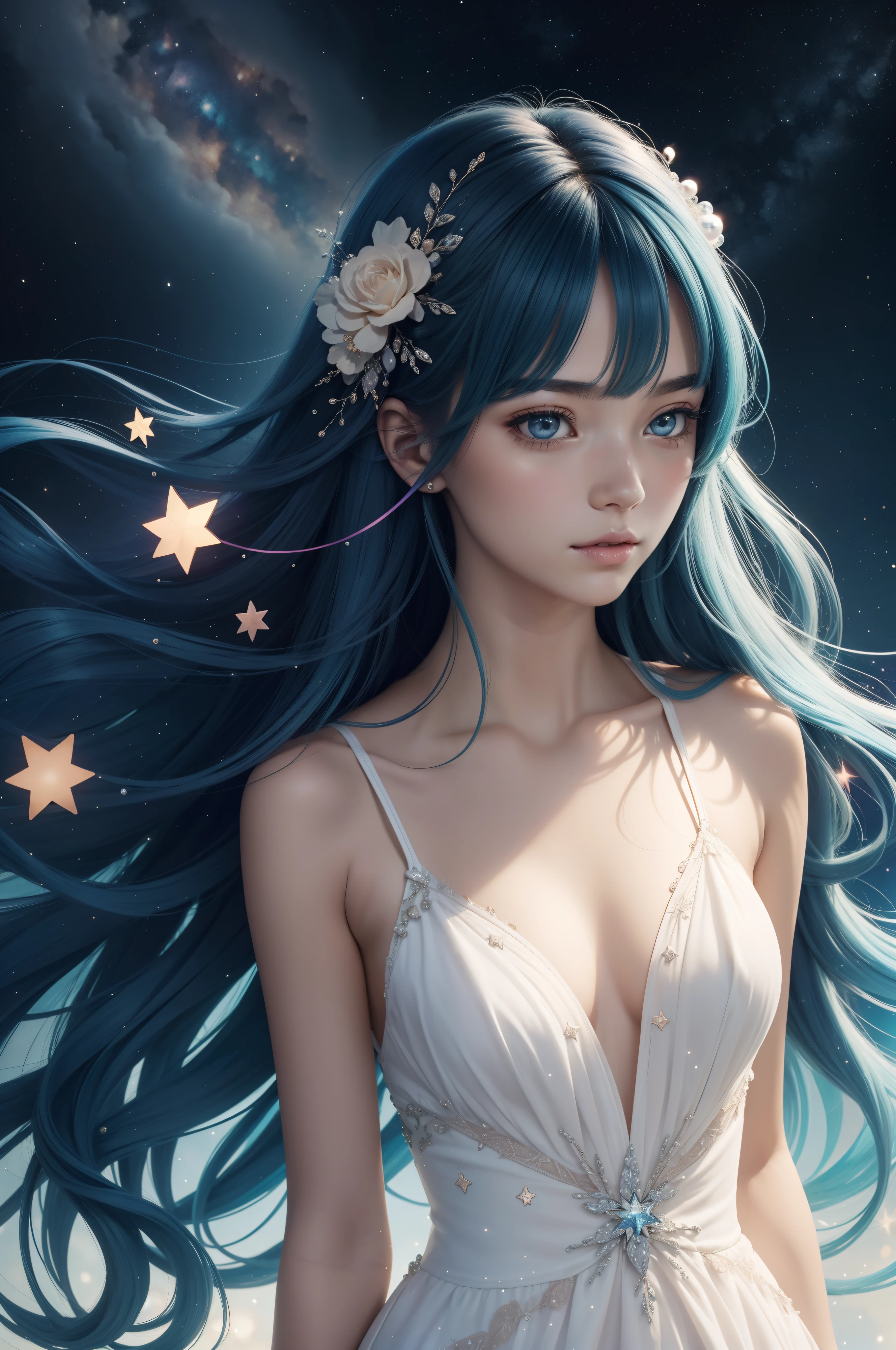 {{Best Quality}}, {{masutepiece}}, {{Ultra-detailed}}, {Illustration}, {Detailed light}, {extremely delicate and beautiful}, girl with, Cute face, Upper body, Two legs, long-one-piece dress, {Beautiful detailed eyes}, Stars in the eyes, messy floating hair, Colored inner hair, Starry sky adorns hair, {Lots_in the_Big_Colorful_Bubble}, [pearls], [Galaxy], depth of fields