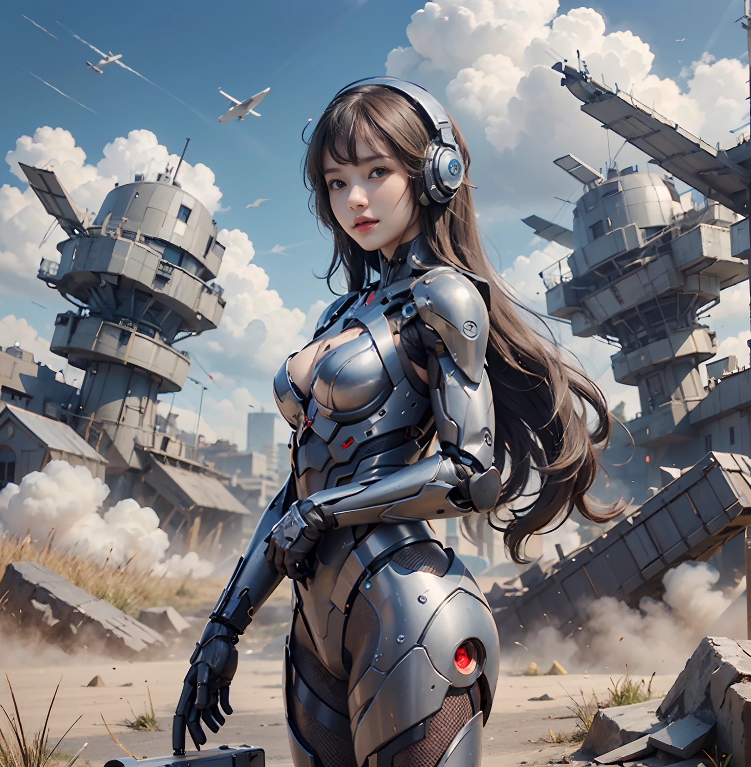 8K, best qualtiy, tmasterpiece, 超高分辨率, (真实感: 1.4),Girls send futuristic combat suits,Green pupils,Cloudy background,dark cloude,salama,Background of the air battlefield,Fallen plane,Flying anti-aircraft missiles,Exploding flames,Machine-made birds,Real women,cleavage,Real face,cute female child,ssmile,The perfect cyborg girl,Wearing sci-fi headphones, Beautiful female ,beautiful girl cyborg,silber hair,robotic hand,CG,(((Full body side shot,Standing on the ground)))