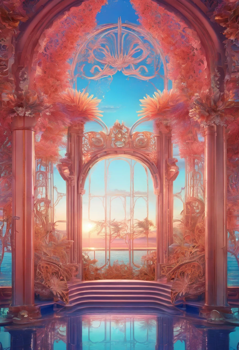 Virtual scene design, coral art installation above the blue ocean, galvanized fiberglass with rainbow gradient, surreal visual representation, magnificent architecture, unique, intricate, exquisite details,（blender, oc rendering, natural light, ray tracing, 8K）