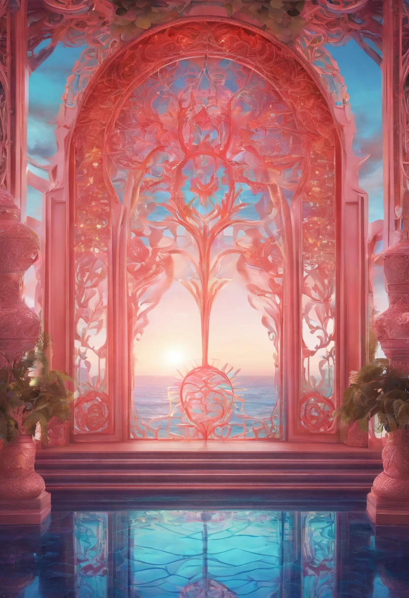 Virtual scene design, coral art installation above the blue ocean, galvanized fiberglass with rainbow gradient, surreal visual representation, magnificent architecture, unique, intricate, exquisite details,（blender, oc rendering, natural light, ray tracing, 8K）