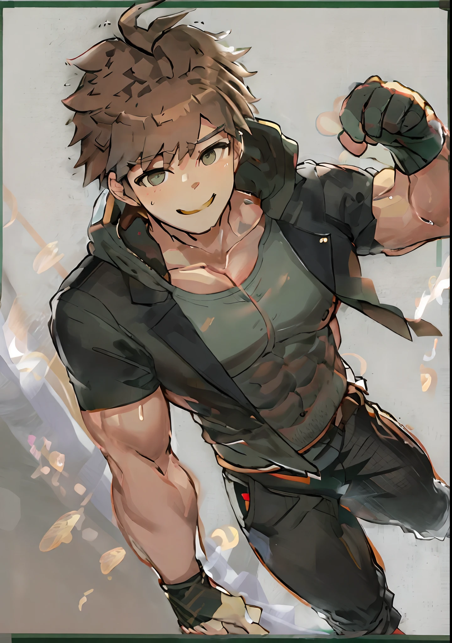masterpiece, best quality, 1boy, black jacket, hood, ahoge, short hair, brown hair, black pants, smile, hands up, simple background, white background, upper body Muscular body, Imposing body, Imposing appearance, muscular arms, muscular legs, only body, trapezoid torso, sturdy body, muscular body, defined round and fleshy pecs, defined washboard ABS, defined arms, defined legs, flexing his muscles