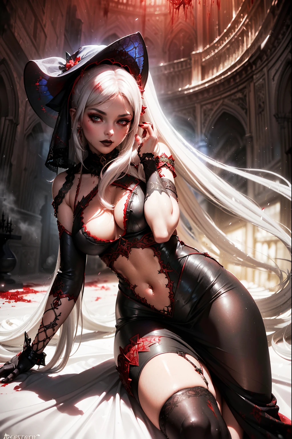 black lips, witch (masterpiece), best quality, (((in hyper realistic and detailed fantasy crimson short dress, aethereal |Bloodbourne aesthetic style))), intricate perfect beauty face, detailed sharp expressive eyes, hyper realistic and detailed white hair, (((from face to the waist))), (((beauty slim shape))), 4k, UHD