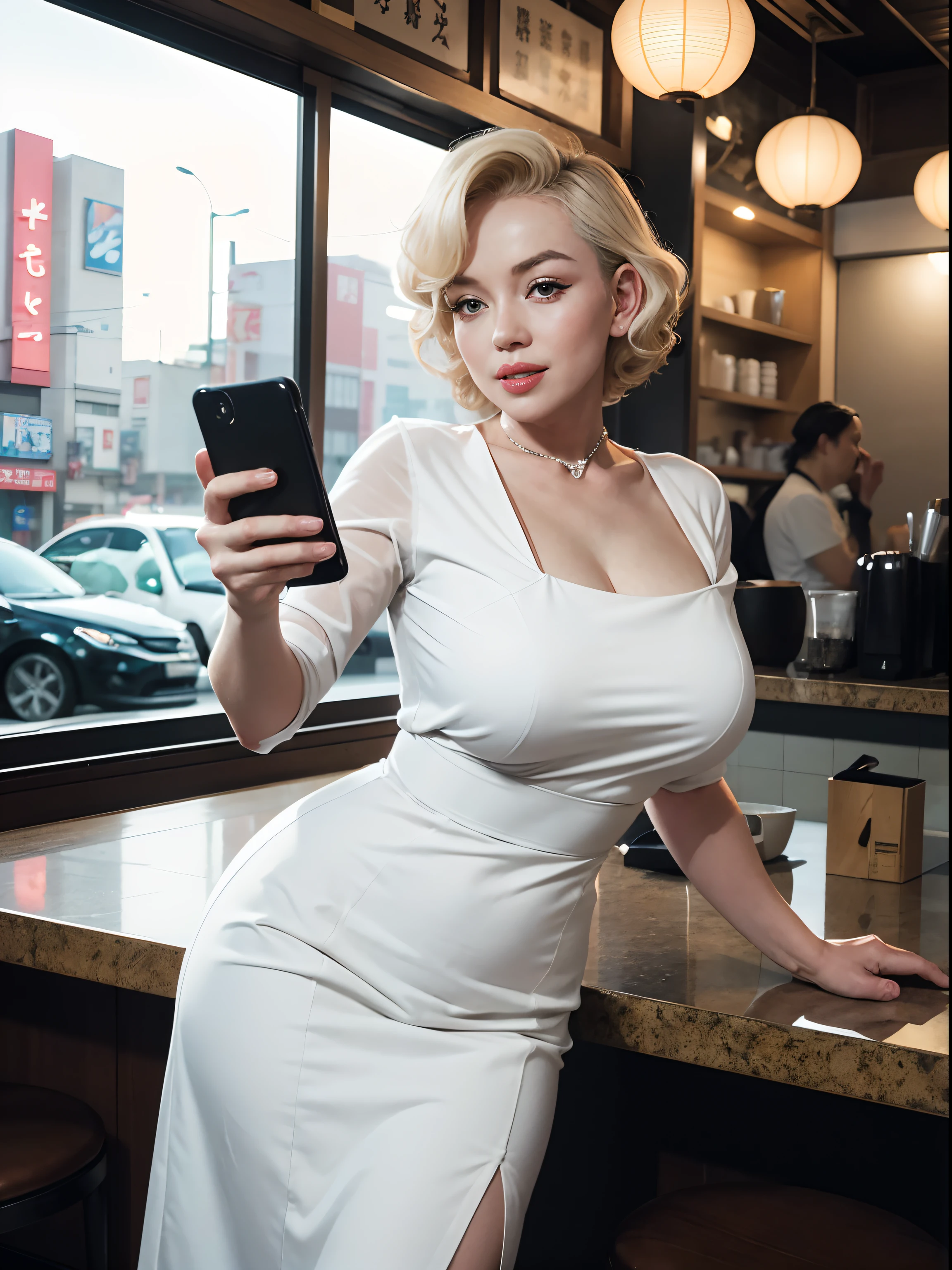 (8K, Raw, Professional, beste-Qualit, tmasterpiece: 1,2), (realisti, photo-realistic: 1,37), ultra-detailliert, (highest detailed skin: 1,2), (highest detailed face: 1,2), 电影灯光, 1 sexy Marilyn Monroe as a waitress in Akihabara's café, doesn't look at the camera, Dressed in a beautiful Japanese waitress uniform, She sits at the counter in a cozy café, in which there are no visitors, and looks thoughtfully out of the large window at the street, She holds a smartphone in her hand, Dynamic Reflection Pose