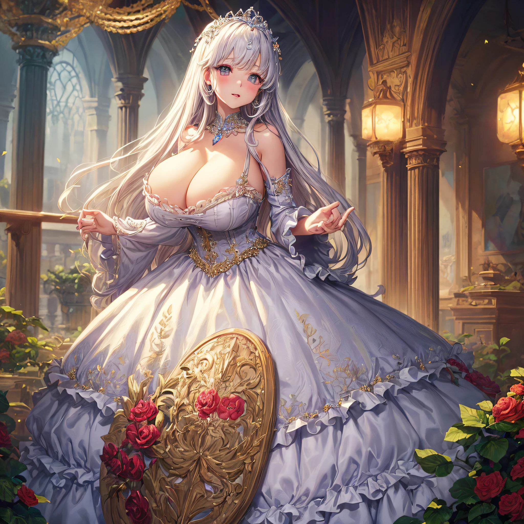 (masterpiece, best quality,extremely detailed:1.1),(moe anime art style:1.2),1girl,((full body)),((solo)), cute, kawaii,digital art,((1 bling-bling anime princess wearing beautiful embroidery and jeweled ruffled gorgeous princess ballgown with voluminous full length hoop skirt)),((crinoline)),long train,voluminous frills,(gorgeous embroidery and beautiful lace),((very gigantic boobs,skindentation)),cleavage,shiny hair,(((very long straight hair))),((finely detailed face and eyes)),clear pupil,extremely gorgeousfull hair ornament,(bling-bling jeweled extremely gorgeousfull tiara),(bling-bling gorgeous gemstone jewelry),long veil,beautiful background,fantasy garden,flowers,flower petals flowing,full body,((beautiful embroidery and jeweled ruffled gorgeous princess ballgown with voluminous full length hoop skirt))