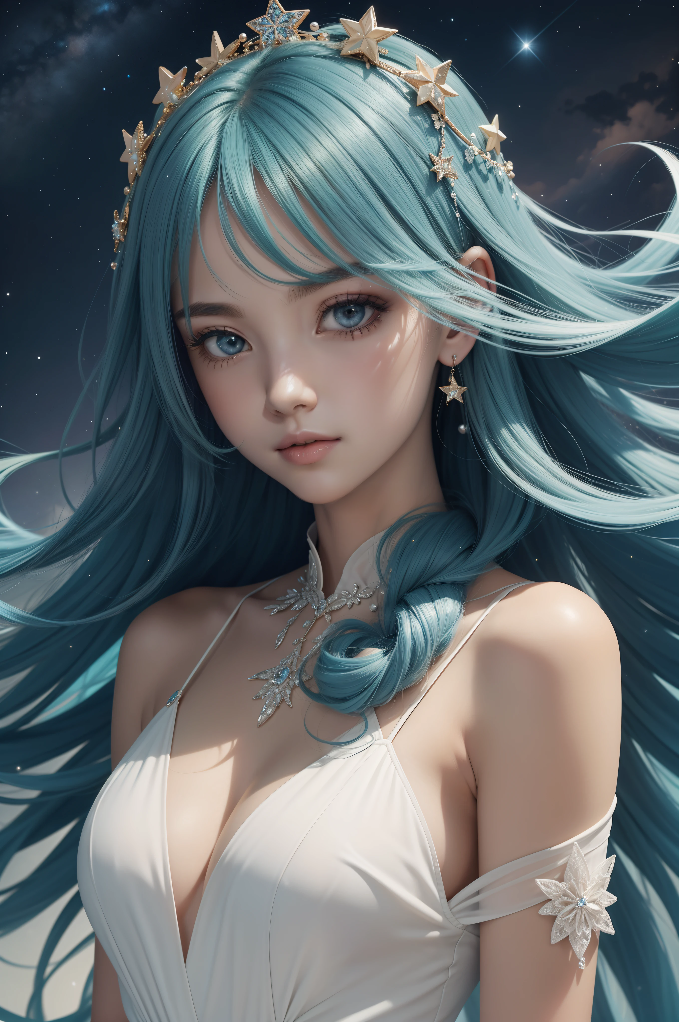 {{Best Quality}}, {{masutepiece}}, {{Ultra-detailed}}, {Illustration}, {Detailed light}, {extremely delicate and beautiful}, girl with, Cute face, Upper body, Two legs, long-one-piece dress, {Beautiful detailed eyes}, Stars in the eyes, messy floating hair, Colored inner hair, Starry sky adorns hair, {Lots_in the_Big_Colorful_Bubble}, [pearls], [Galaxy], depth of fields