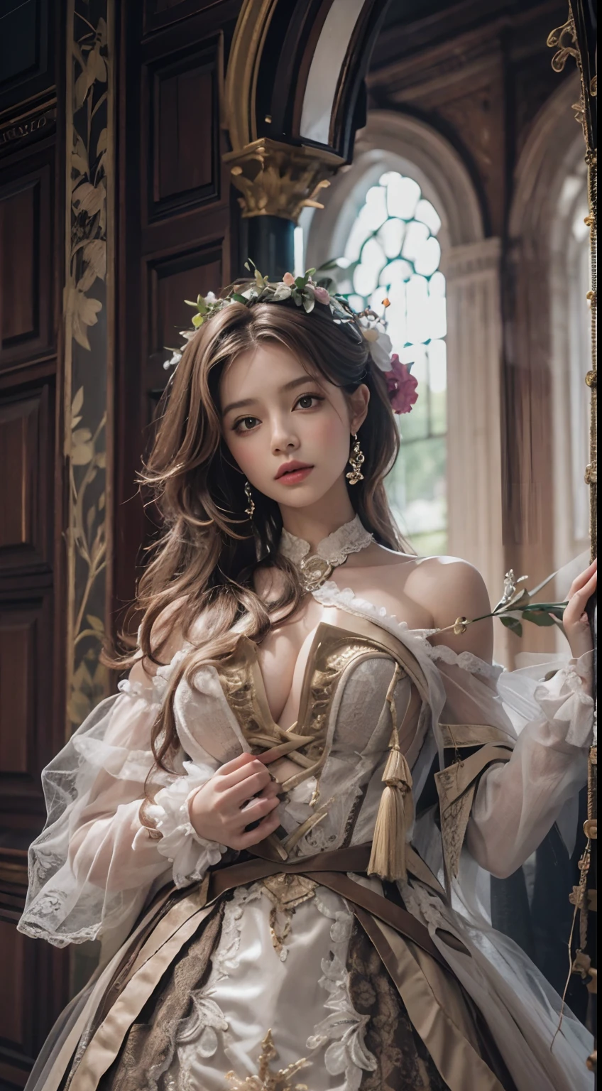 (8K, RAW photos, best qualtiy, tmasterpiece:1.2),(realisticlying, photograph realistic:1.4)
(Lolita costume),Lace, Aerith Gainsborough, The upper part of the body, undergarments,exposed bare shoulders, do lado de fora, Old castle,Brown hair, high high quality, Adobe Lightroom, highdetailskin, looking at viewert,